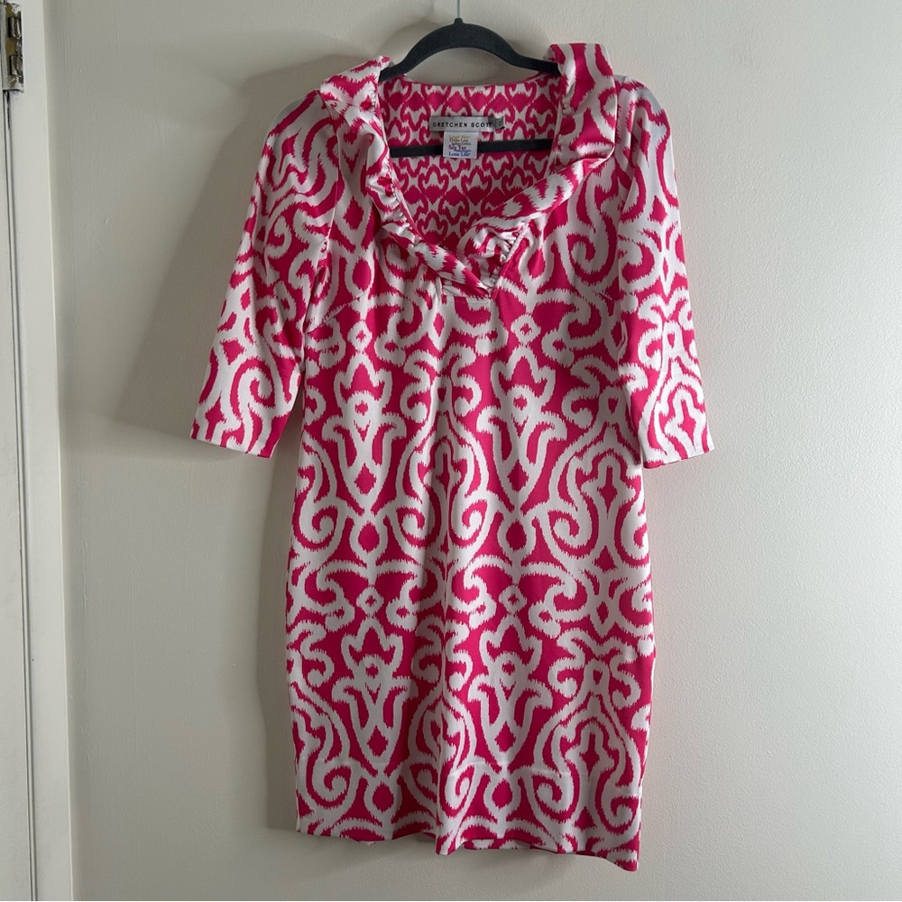 Gretchen Scott Dress Ruffle Neck  Arabesque Pink Size XS Preppy Barbie Stretch